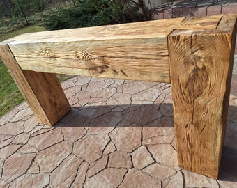 Console table made of old solid wood beams joined in dovetail. Rustic style. Modern barn farm house. Handmade.  Entry Way Table. Dovetail.