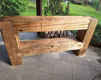 Console table made of old solid wood beams with shelf joined by double dovetail. Rustic style. Handmade.Dovetail.