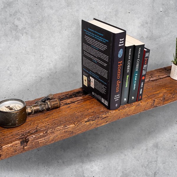 Rustic shelves made of rustic wood 20cm(8 in) x 4cm(1.75 in). Floating book shelf. Solid reclaimed wood. Chunky wooden shelves with fixings.