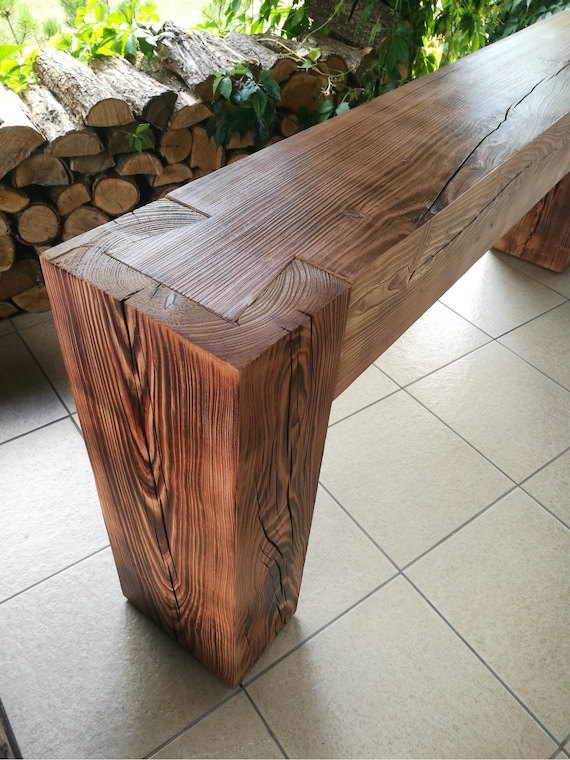 Console Table Made of Old Solid Wood Beams Joined in Dovetail