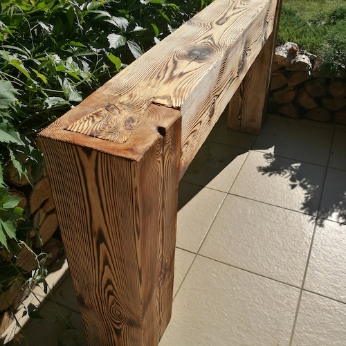 Console table made of old solid wood beams joined in dovetail. Rustic style. Modern barn farm house. Handmade.  Entry Way Table. Dovetail.