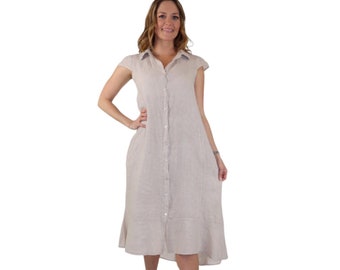 100% Linen Button Down Sleeveless Dress Top with Cap Shoulders,  Washed Linen Tunic