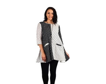 Polka Dot Linen Tunic, A-Line Swing Top, Plus Size Blouse
