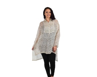 Túnica de gasa de lino extragrande, dobladillo asimétrico, talla grande