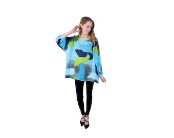 Oversized Linen Tunic Top, Printed 3/4 Sleeve, Plus Size