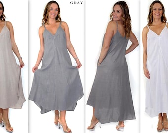 100% washed linen strapped maxi dress, women linen dress, Uneven hem linen dress,