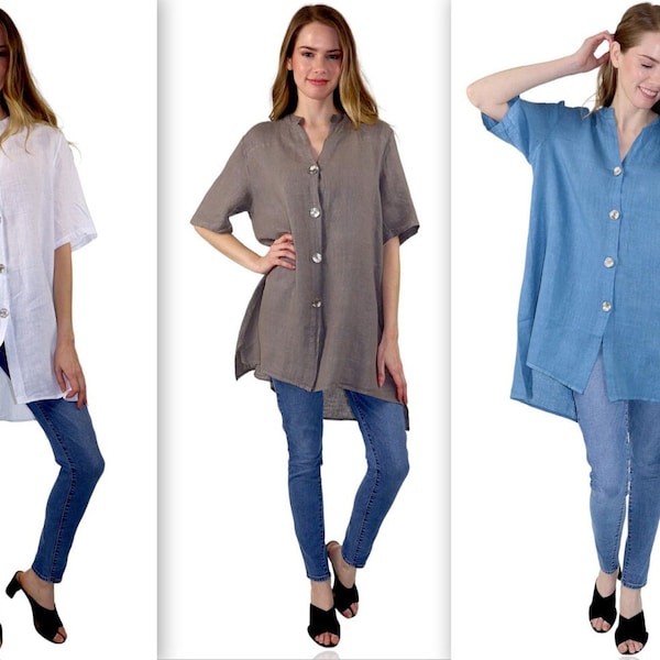 100% Pure soft linen Women relaxed fit Tunic, Linen Top, Hi Low Linen Tunic, Button closure women linen tunic,  Washed linen tunic