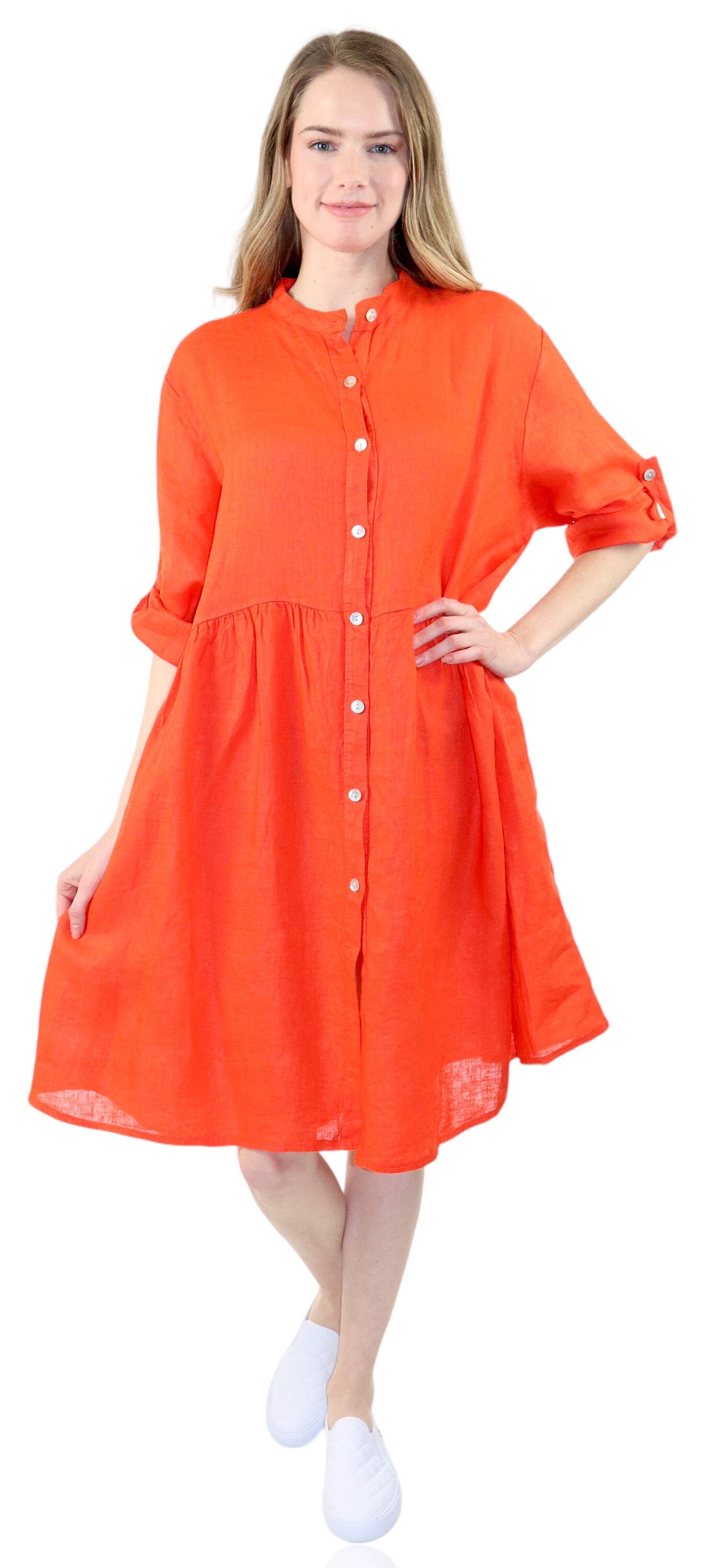 New Pure Washed Linen Midi Dress Dress, Oversized Linen Dress, Buttoned