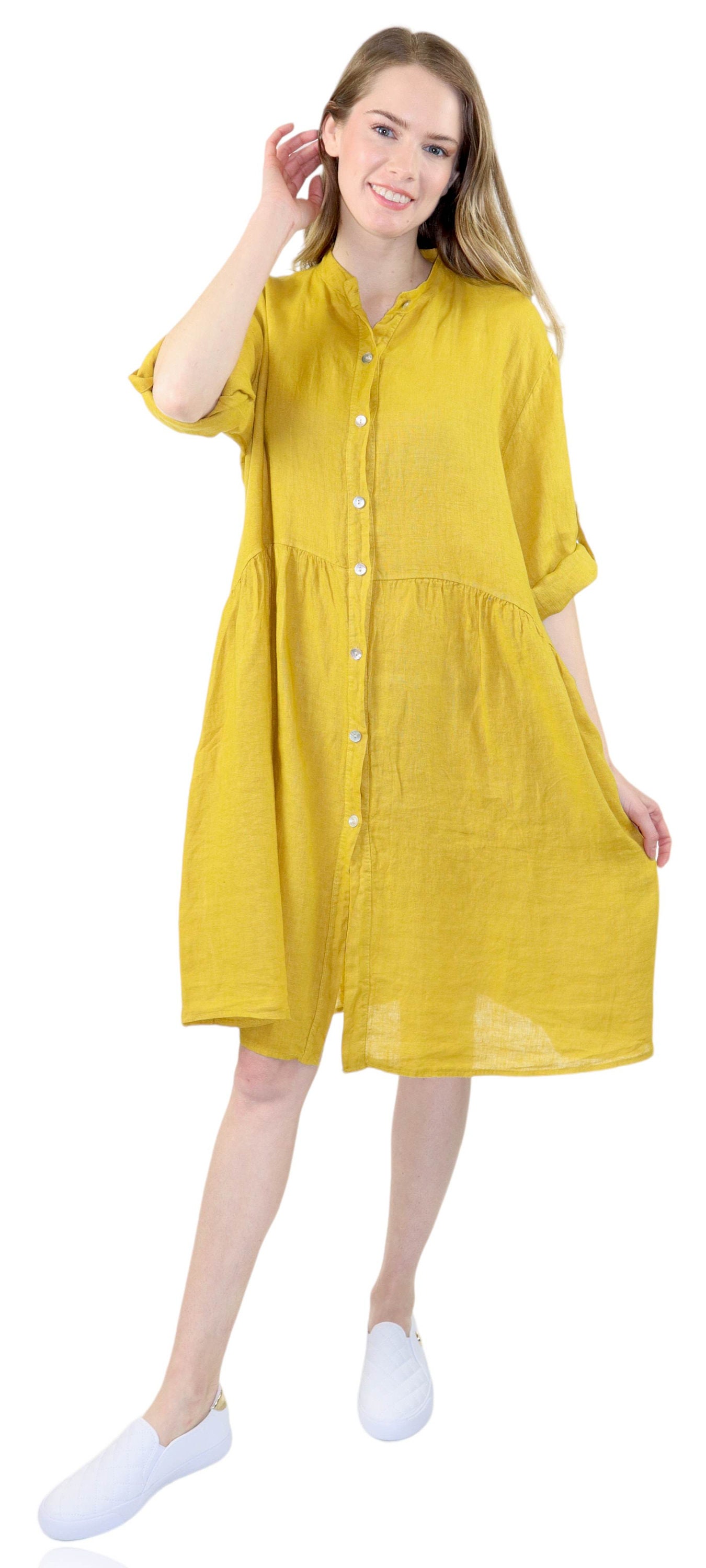 New Pure Washed Linen Midi Dress Dress, Oversized Linen Dress, Buttoned