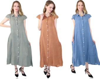 100% Linen Button Down Sleeveless Dress Top with Cap Shoulders,  Washed Linen Tunic