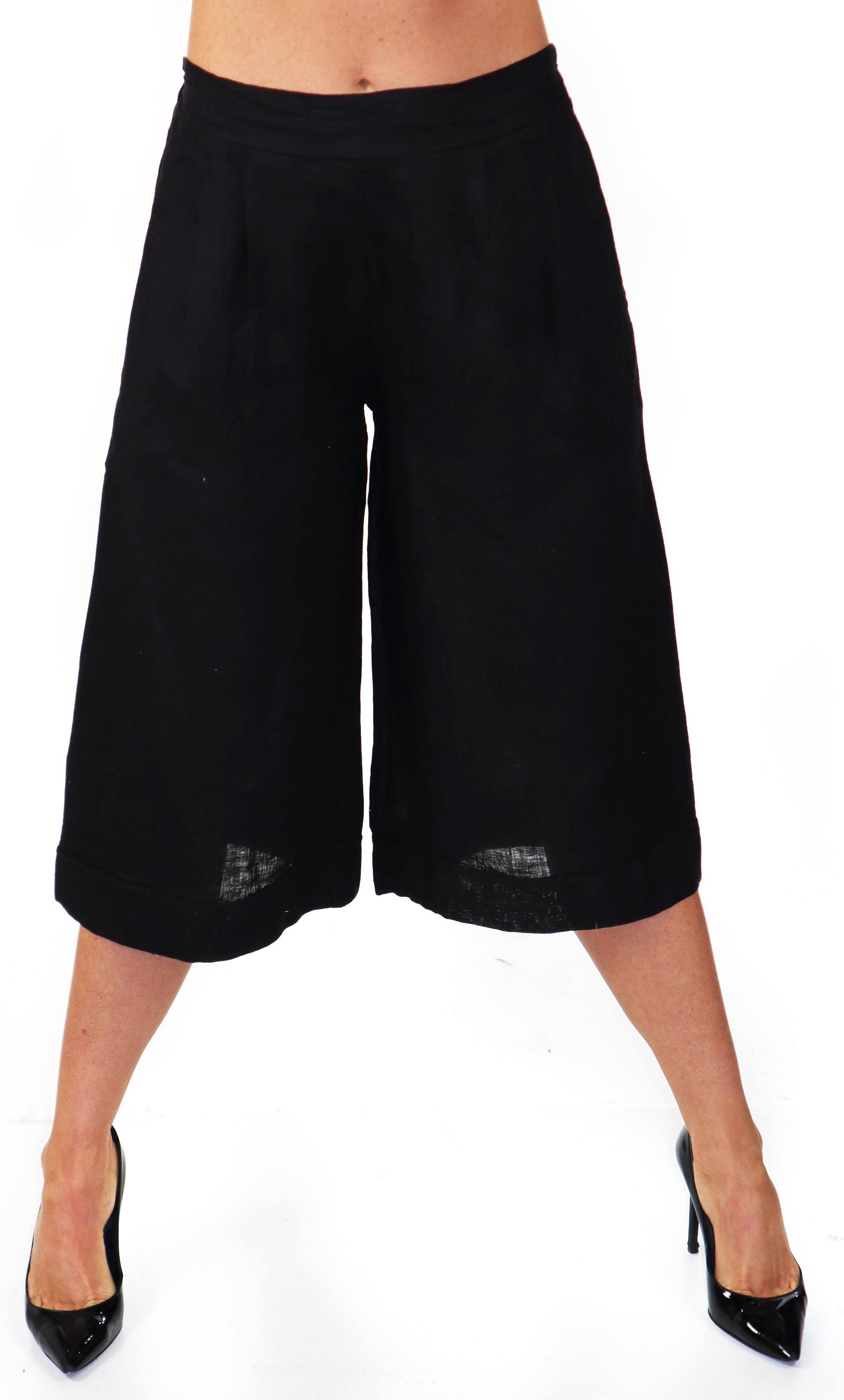 Washed and Soft Pure Linen Wide Capri Pants, Linen Capri Pants, Women