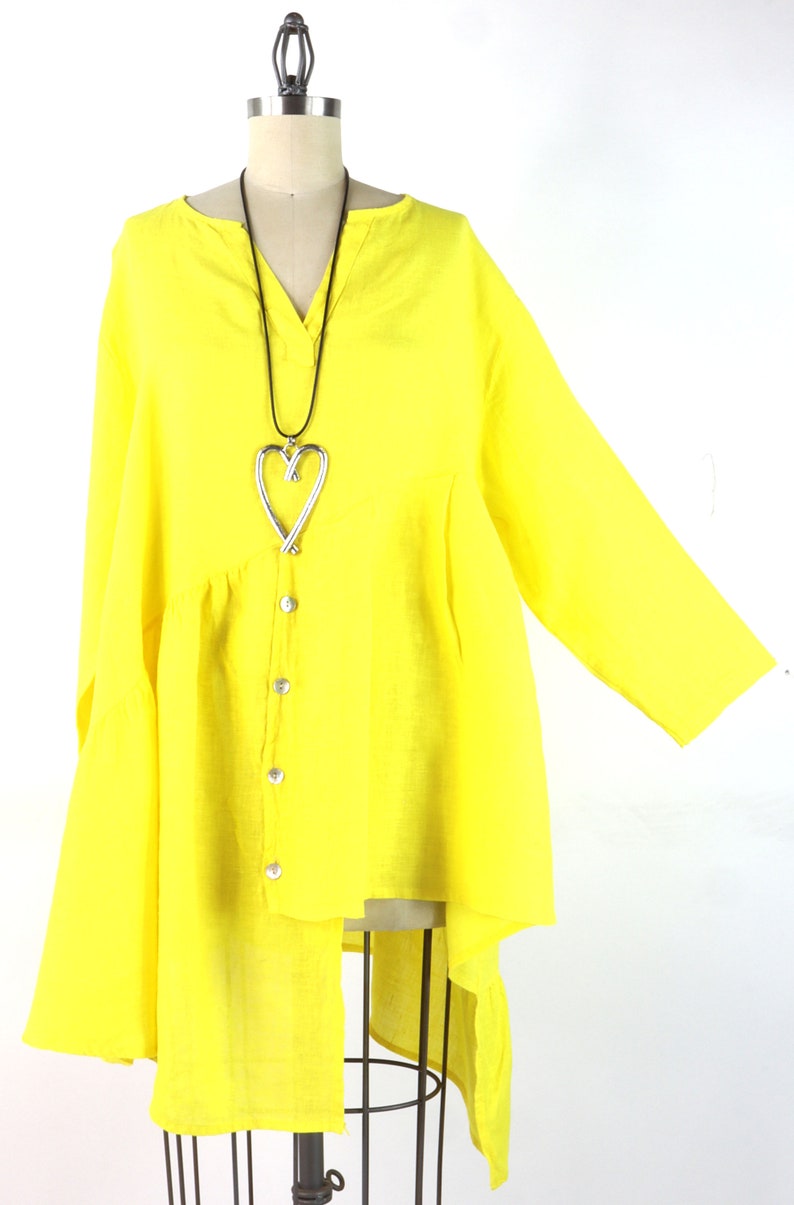 Asymmetrical Plus Size Linen Top, Linen Artsy Tunic, Women Linen Tunic, Linen Summer Tunic, Linen Plus Size Tunic. Yellow