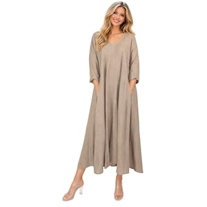 Plus Size Linen Maxi Dress, Loose Fit Swing Dress with Pockets