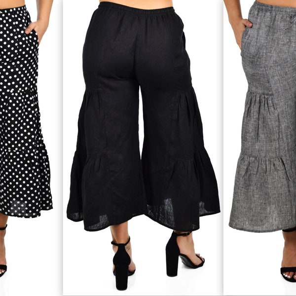 100% washed linen tiered Bloomer pants, women linen palazzo Pants, plus size linen pants, Black linen pants, Lagen look linen pants