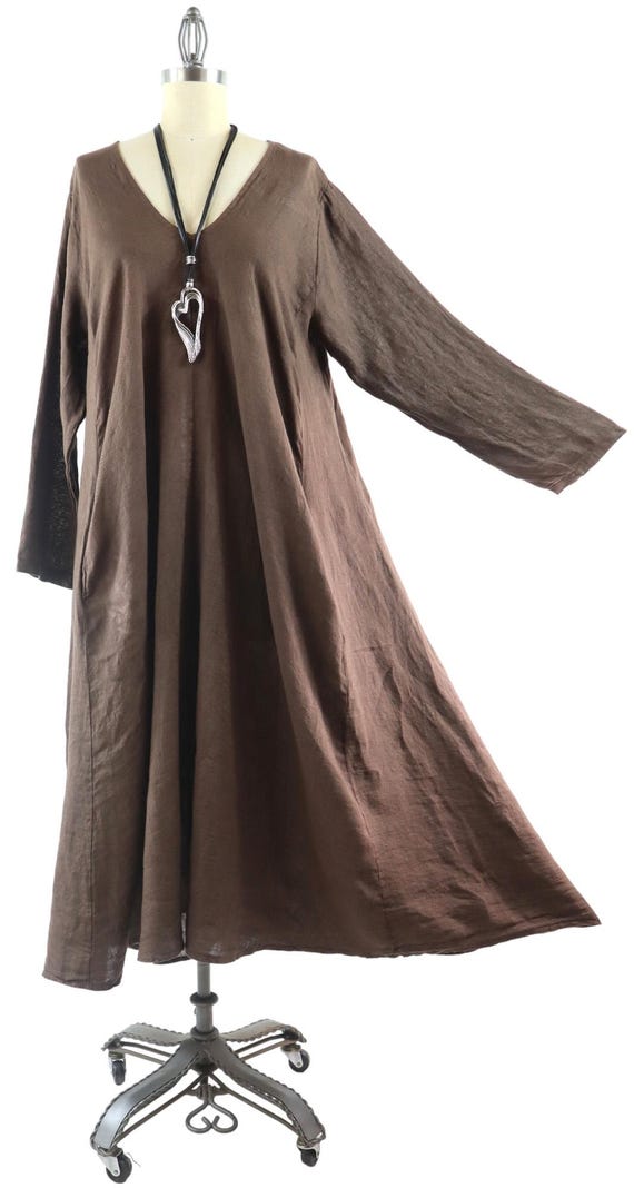 Plus Size Linen Maxi Dress, Loose Fit Swing Dress with Pockets