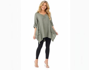 Oversized Linen Tunic, Asymmetrical Hem, Soft Washed Linen