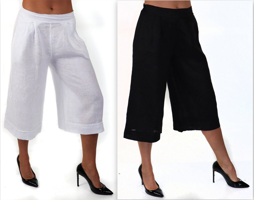 Washed and Soft Pure Linen Wide Capri Pants, Linen Capri Pants, Women
