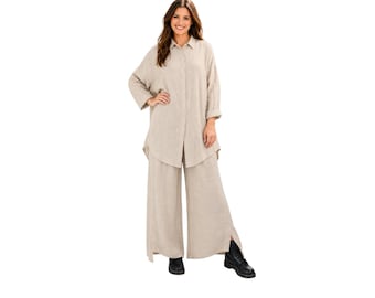 100% Soft Washed Linen Pant Set, Loose Fit Women's Two-Piece Outfit
