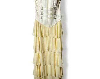 Jessica McClintock Vintage Yellow Tiered Strapless Bodice Formal Prom Dress Sz 4