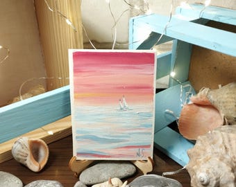 Pintura de paisaje marino de ACEO: Arte de velero en miniatura, óleo original sobre papel