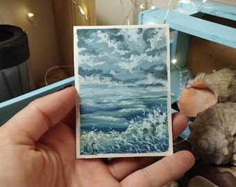 Pintura de paisaje marino de ACEO: arte original en miniatura, pintura con espátula