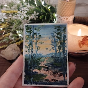 Arte ACEO - pintura a óleo original pintada à mão por artista ucraniano pintando miniatura de paisagem de montanha com espátula Ucrânia 2024 #2