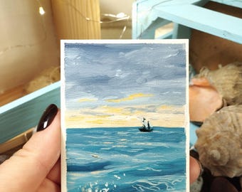 Pintura de paisaje marino de ACEO: Arte original de velero en miniatura