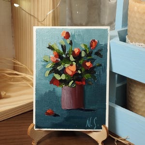 Cartão ACEO - pintura a óleo original pintada à mão por artista ucraniano pintando miniatura de natureza morta buquê de rosas vermelhas #4 Ucrânia 2024