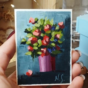 ACEO カード - ウクライナのアーティストによるオリジナルの手描き油絵、ミニチュア静物画、赤いバラの花束 #3 ウクライナ 2024