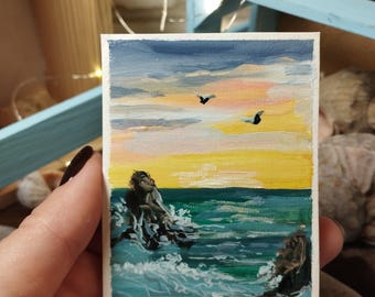 Pintura de paisaje marino de ACEO: arte original en miniatura, pintura con espátula