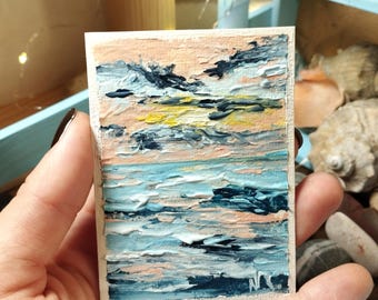 Pintura de paisaje marino de ACEO: Arte al óleo original en miniatura, espátula