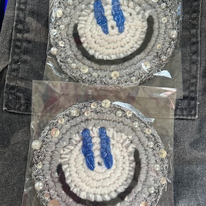 Hand Crochet, UV activated, Silver and Pearl Smiley Face Patches, Pair,  12cms diameter each