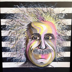 Albert Einstein/Einstein/E=mc2/Pop Art/Einstein Portrait/Black and White/Stripes/Purple Pink Yellow/Crazy Hair/Portrait/Pastel Colors