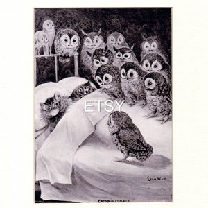 LOUIS WAIN CAT print cats midnight bed owl nightmare kittens owls sleeping dream