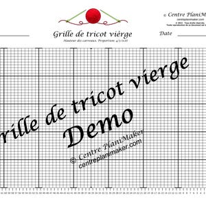 Peut inclure: Une grille de tricot vierge avec le texte "Grille de tricot vierge" et "Demo" en écriture cursive noire. La grille est divisée en 50 lignes et 70 colonnes. Le texte "Centre Plani Maker" et "centreplanmaker.com" est également visible.
