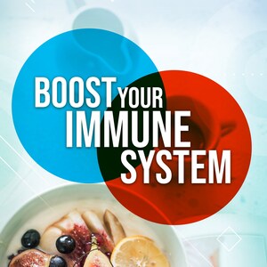 May include: A bowl of fruit salad with figs, kiwi, pomegranate seeds, cherries, blueberries, and a lemon slice. The bowl is on a white and blue tiled surface. The text "Boost Your Immune System" is in the background. The text "Protect Yourself From The Coronavirus and Other Diseases" is at the bottom of the image.