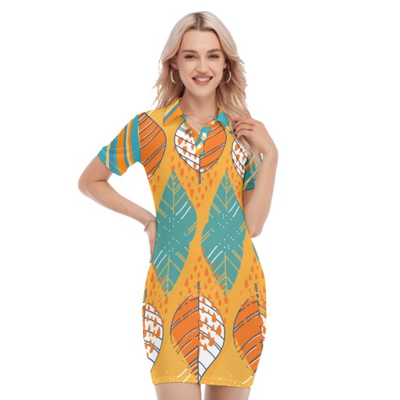 WOMEN’S COLLAR DRESS - Women's Polo Dress - Leaves Print Dress - Women Dress Gift - Night Party Dress - Bodycon Dress
