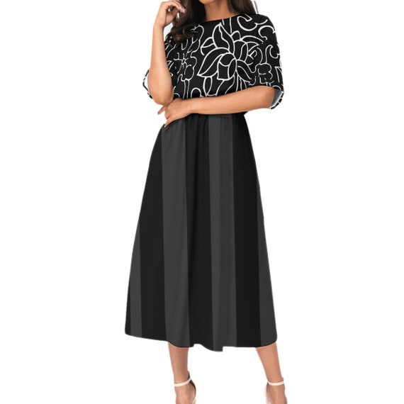 WOMEN BLACK DRESS - Elastic Waist Dress - Black Floral Dress - Women Dress Gift - Half Sleeve Dress - Elastic Dress - Polyester Dress