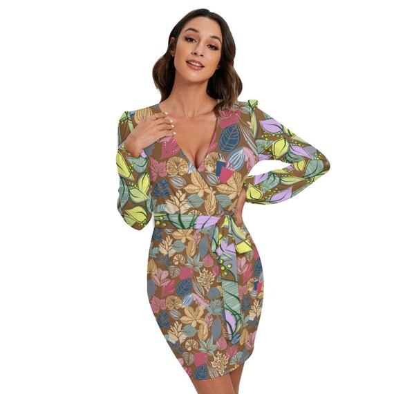 WOMEN’S DRESS - Waist Belt Dress - Bodycon Dress - Leaves Print Dress - Night Party Dress - Long Sleeve Dress - Women Dress Gift