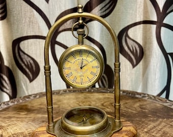 Brass Personalized nautical Desk Watch Collectible Nautical Decor with Compass In Base