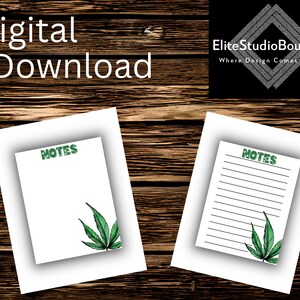 Könnte beinhalten: Zwei druckbare digitale Notizblöcke mit einem grünen Marihuana-Blatt-Design und dem Wort "NOTES" in grünem Text.