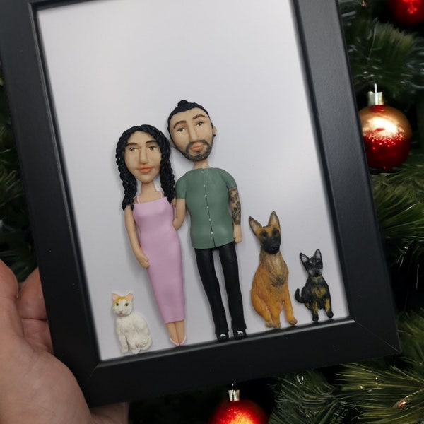 Personalized Polymer Clay family portrait, custom 3D portrait from photo, cute Christmas gifts, anniversary couple gifts, pet lover portrait