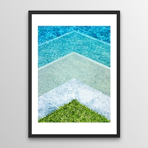 Pool III / Abstract geometric image of a sparkling blue swimming pool with different levels and coloured tiles creating colourful shapes