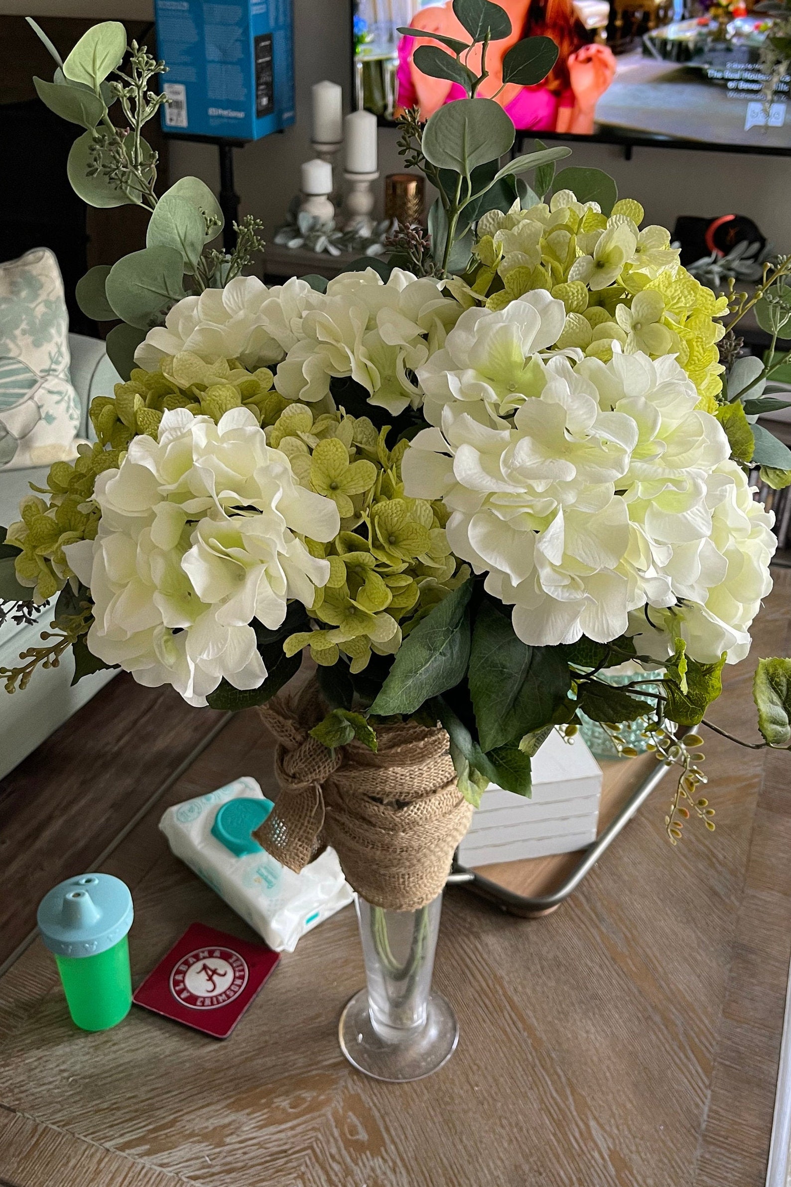 Floral Arrangement with hydrangeas and eucalyptus stems Etsy