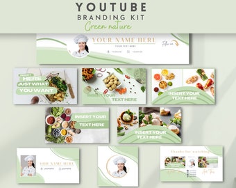 YouTube Branding Kit Green Nature Health Themed, YouTube Channel Kit, bearbeitbares Banner, Intro, Outro, Youtube Thumbnail Cooking Themed Vlog