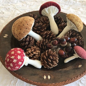 Puede incluir: Un cuenco de madera lleno de piñas, bellotas y cinco setas de tela. Las setas son de varios colores y patrones, incluyendo rojo, marrón y blanco.
