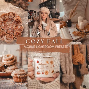 Puede incluir: Un collage de imágenes que muestra rollos de canela, una persona con abrigo beige y boina sosteniendo una taza, un libro con velas y una taza de esmalte blanco con el texto Autumn is the happiest season, superpuesto con el texto COZY FALL MOBILE LIGHTROOM PRESETS.