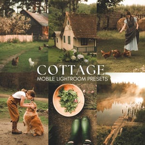 Könnte beinhalten: Eine Collage aus Bildern mit einem rustikalen Cottage, einer Frau in einem blauen Kleid, einer Schüssel mit grünem Blattgemüse, einem Hund und einer Person sowie einem Holzsteg über einem See. Der Text "COTTAGE MOBILE LIGHTROOM PRESETS" wird in der Mitte der Collage angezeigt.