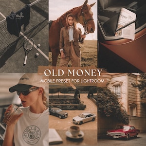 Könnte beinhalten: Eine Collage von Bildern, die ein mobiles Preset für Lightroom namens "Old Money" zeigen. Die Bilder zeigen eine Frau in einem braunen Blazer und einer Hose, die mit einem braunen Pferd steht, ein Auto mit einer Zeitung auf der Rücksitzbank, eine Person mit einer schwarzen Mütze und Sonnenbrille, die aus einem Glas trinkt, ein schwarzes Auto, ein weißes Auto und ein rotes Auto, das vor einem Gebäude geparkt ist.