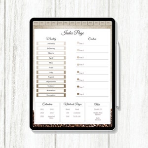 May include: A digital planner with a brown and white background featuring coffee beans. The planner has an index page with sections for monthly, custom, calendars, notebook pages, and other. The index page includes a list of months, pages, and different types of planner pages.